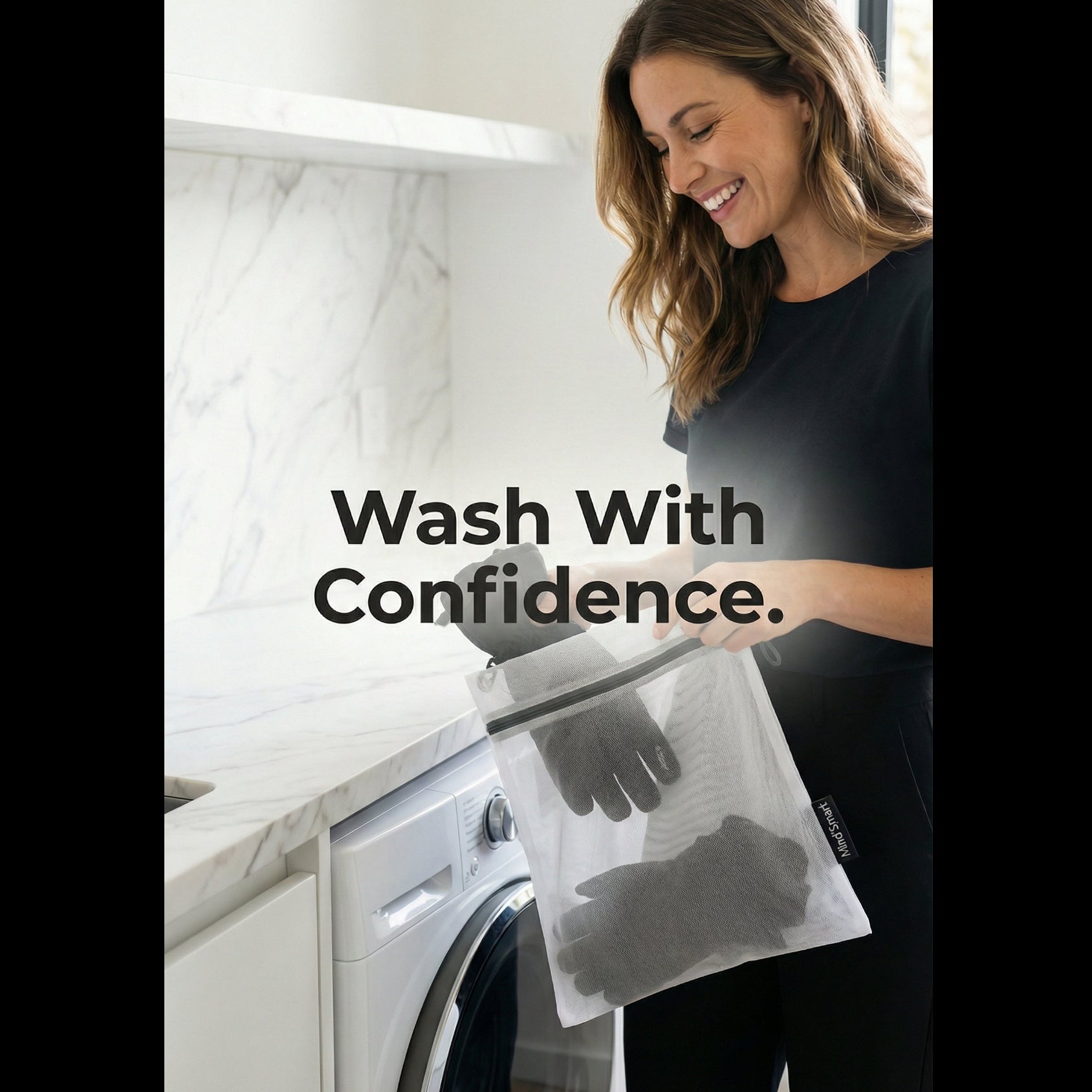 Woman holding a mesh laundry bag with text 'Wash With Confidence' in a kitchen.